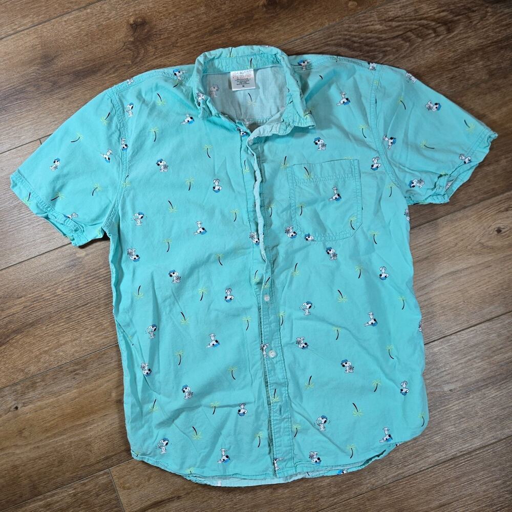 Peanuts Snoopy Pirate Hawaiian Shirt Mens M Green Button Down Tropical Aloha